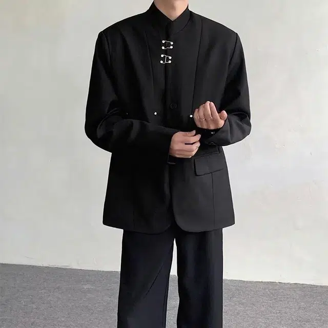 极限涡轮 新中式垫肩金属挂钩潮流小众设计感中国风立领高级卡扣中山装夹克外套 男款 黑色