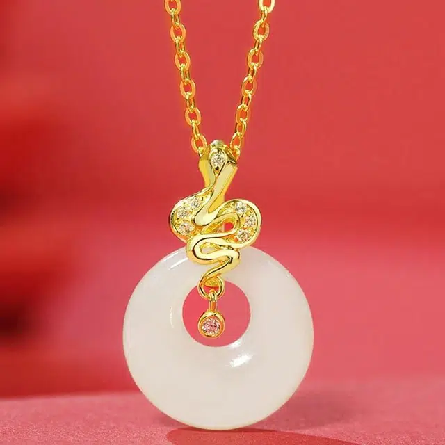 泡泡贝 【灵蛇献瑞】平安扣蛇年 吉祥如意新中式设计感#好运 和田玉项链 白玉/青白玉 女款