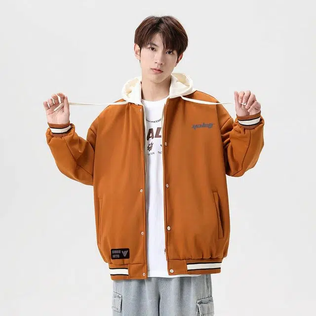 雅鹿 品牌潮流休闲户外亲肤舒适宽松字母连帽百搭假两件拼接夹克外套 男女同款