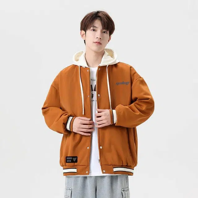 雅鹿 品牌潮流休闲户外亲肤舒适宽松字母连帽百搭假两件拼接夹克外套 男女同款