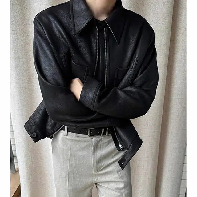 极限涡轮 美式霜冻裂纹千鸟格双面穿简约基础款机能风美拉德宽松翻领皮衣 男女同款 黑色
