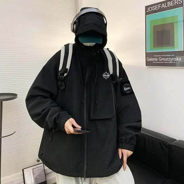 雅鹿 纯色拉链口袋拼接宽松休工装防风防水连帽夹克外套 男女同款