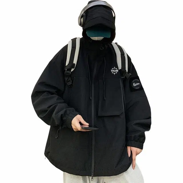 雅鹿 纯色拉链口袋拼接宽松休工装防风防水连帽夹克外套 男女同款
