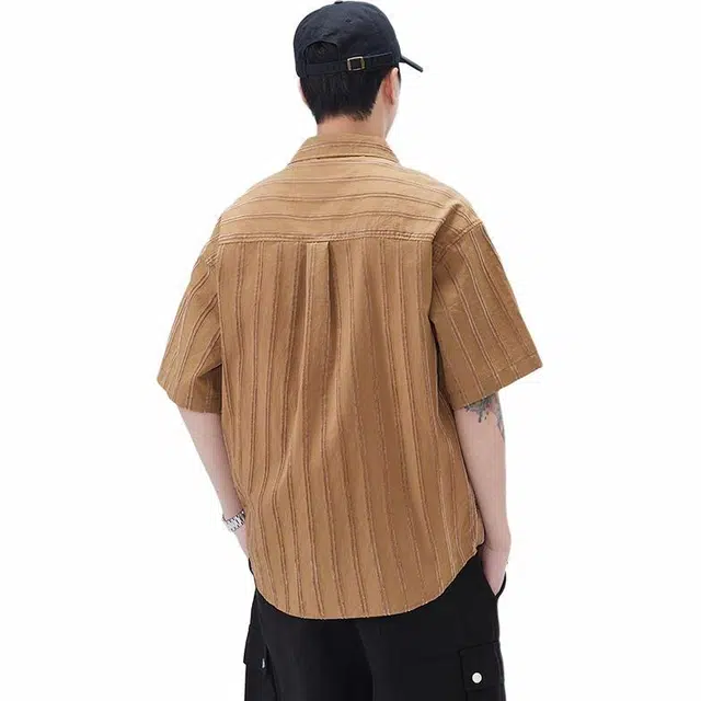 赞仕 美式复古高街口袋纯色潮流短袖衬衫 男款
