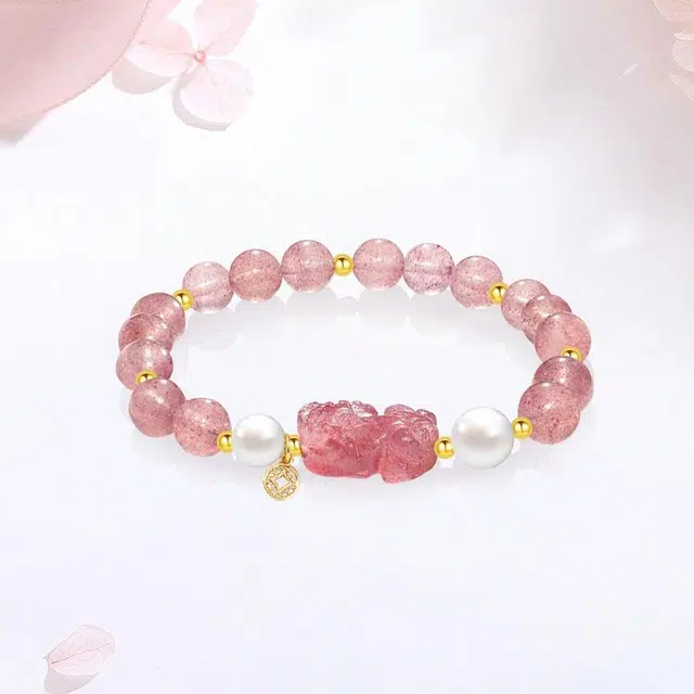【正缘桃花】 金师傅 貔貅招财纳福吞金兽新中式国潮复古气质可爱甜美小众轻奢高级#好运 草莓晶 手串 男女同款情侣款
