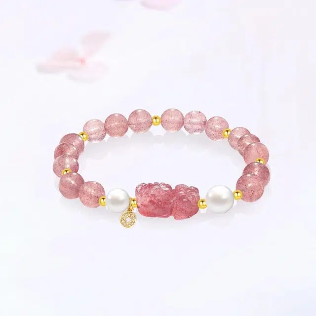 【正缘桃花】 金师傅 貔貅招财纳福吞金兽新中式国潮复古气质可爱甜美小众轻奢高级#好运 草莓晶 手串 男女同款情侣款