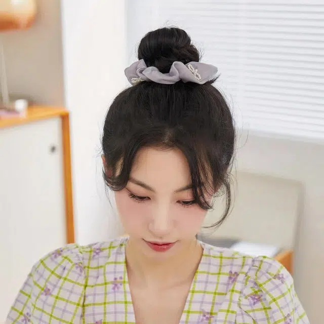 沂茹 小香风日常简约百搭串珠蝴蝶结雪纺马尾丸子头扎发大肠圈学院风时尚甜美减龄优雅气质 布艺 发圈 女款