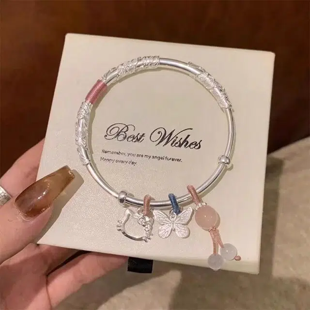 尚银福 猫咪繁花 森系小清新萌趣可爱 心时尚优雅气质 轻奢高级感小众创意设计流苏在逃公主镯子 好运 合金 手镯 女款