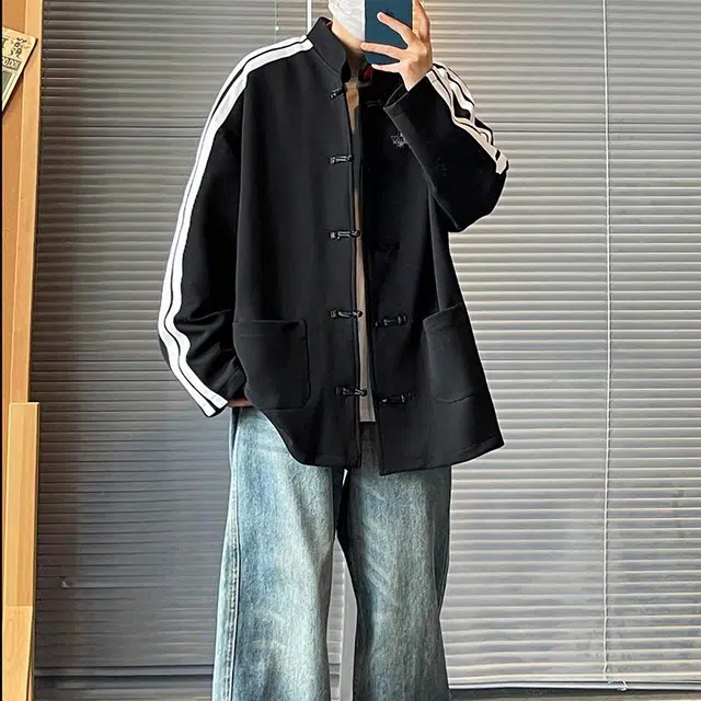 雅鹿 时尚新中式条纹拼接盘扣潮流重磅宽松休闲百搭品牌英文印花高级感长袖夹克外套 男女同款