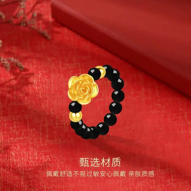 【999纯金】 金师傅 玫瑰对戒 甜蜜饰爱浪漫时尚气质优雅简约百搭小众轻奢设计高级#好运 玛瑙 金戒指  男女同款情侣款