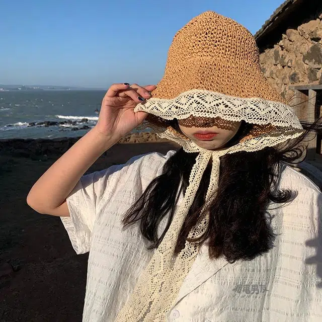 优幽兰 小众设计感 田园风蕾丝韩版百搭 海边拍照沙滩度假可折叠防紫外线太阳帽 纤维素材料 渔夫帽 女款