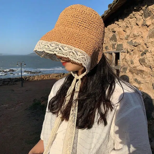 优幽兰 小众设计感 田园风蕾丝韩版百搭 海边拍照沙滩度假可折叠防紫外线太阳帽 纤维素材料 渔夫帽 女款