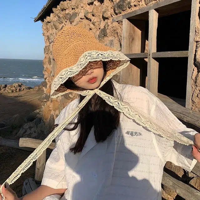 优幽兰 小众设计感 田园风蕾丝韩版百搭 海边拍照沙滩度假可折叠防紫外线太阳帽 纤维素材料 渔夫帽 女款