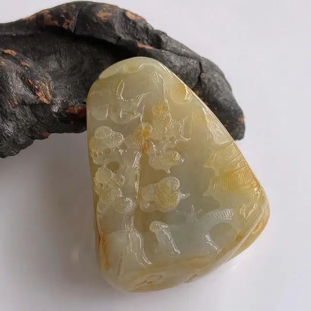 菲燕 黄翡山水牌玉佩 糯种 翡翠吊坠 男女同款情侣款