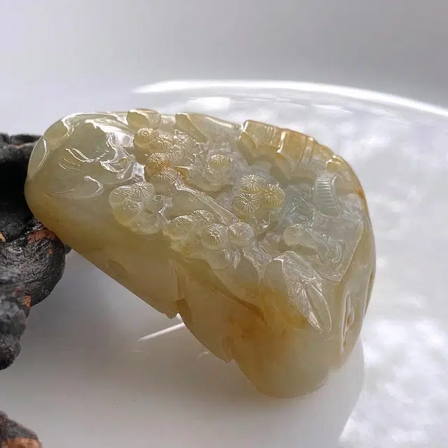菲燕 黄翡山水牌玉佩 糯种 翡翠吊坠 男女同款情侣款