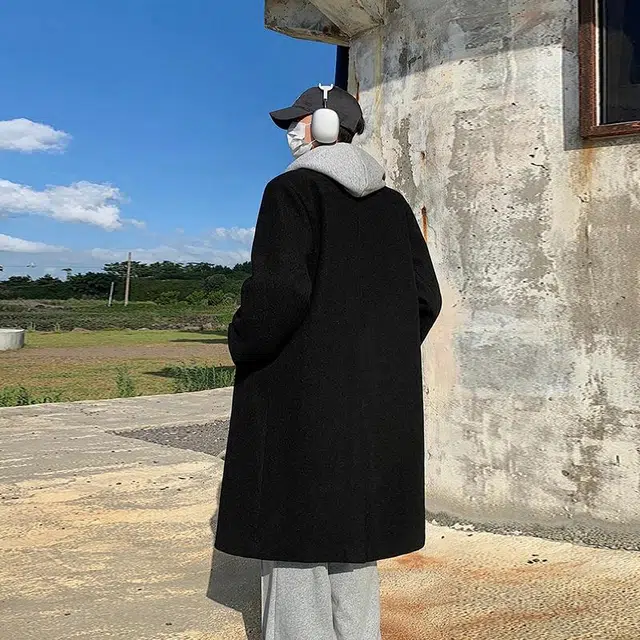 复古高街韩版纯色中长款保暖简约百搭宽松休闲翻领落肩开衫双排扣加厚长袖风衣毛呢大衣 男女同款 黑色