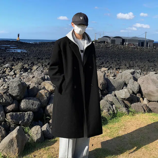 复古高街韩版纯色中长款保暖简约百搭宽松休闲翻领落肩开衫双排扣加厚长袖风衣毛呢大衣 男女同款 黑色