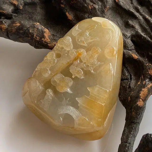 菲燕 黄翡山水牌玉佩 糯种 翡翠吊坠 男女同款情侣款