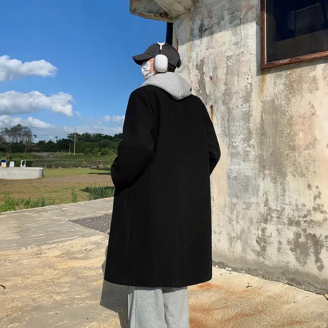 复古高街韩版纯色中长款保暖简约百搭宽松休闲翻领落肩开衫双排扣加厚长袖风衣毛呢大衣 男女同款 黑色