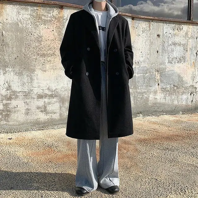 复古高街韩版纯色中长款保暖简约百搭宽松休闲翻领落肩开衫双排扣加厚长袖风衣毛呢大衣 男女同款 黑色