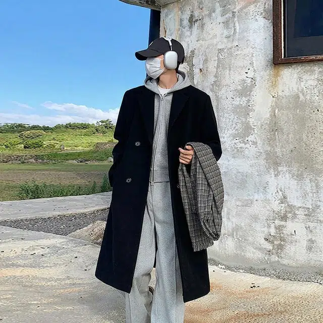 复古高街韩版纯色中长款保暖简约百搭宽松休闲翻领落肩开衫双排扣加厚长袖风衣毛呢大衣 男女同款 黑色