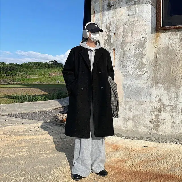 复古高街韩版纯色中长款保暖简约百搭宽松休闲翻领落肩开衫双排扣加厚长袖风衣毛呢大衣 男女同款 黑色