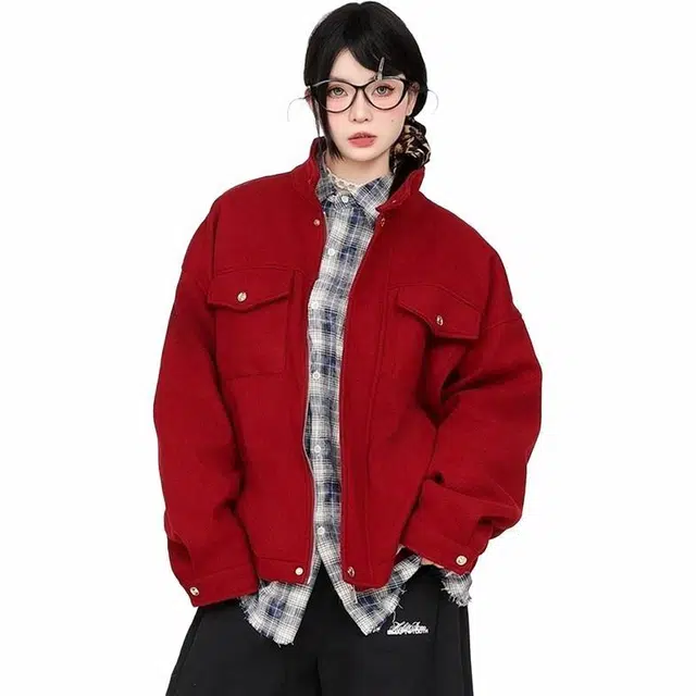 极限涡轮 新中式简约潮流宽松百搭长袖夹克外套 男女同款 红色