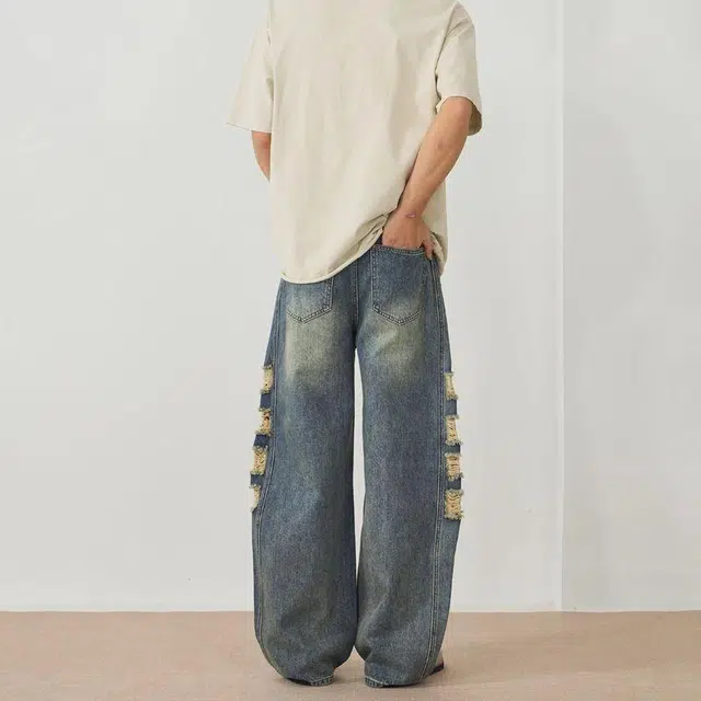 人本 破洞舒适透气百搭简约直筒牛仔裤 男女同款 复古蓝