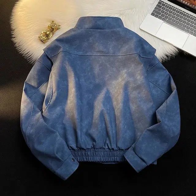 雅鹿 美式复古纯色飞行运动休闲宽松防风立领机车长袖拉链皮质夹克外套 男女同款