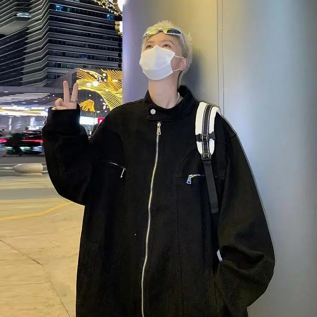 物质公式 美式高街纯色条纹拉链宽松百搭休闲高级水洗做旧长袖教练工装飞行员夹克外套 男女同款