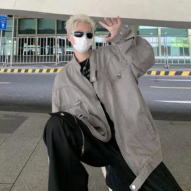 物质公式 美式高街纯色条纹拉链宽松百搭休闲高级水洗做旧长袖教练工装飞行员夹克外套 男女同款