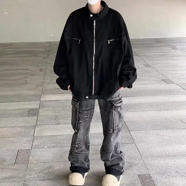 物质公式 美式高街纯色条纹拉链宽松百搭休闲高级水洗做旧长袖教练工装飞行员夹克外套 男女同款