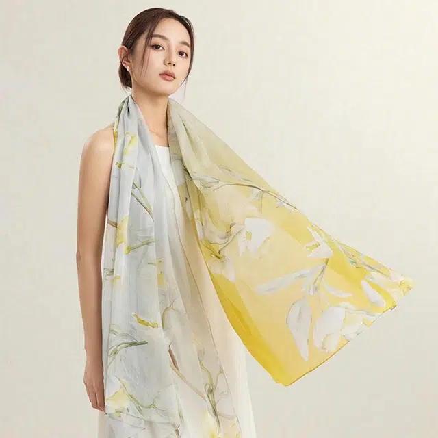 上海故事 玉兰歌赋雪纺真丝丝巾长巾礼盒装 桑蚕丝 披肩 女款