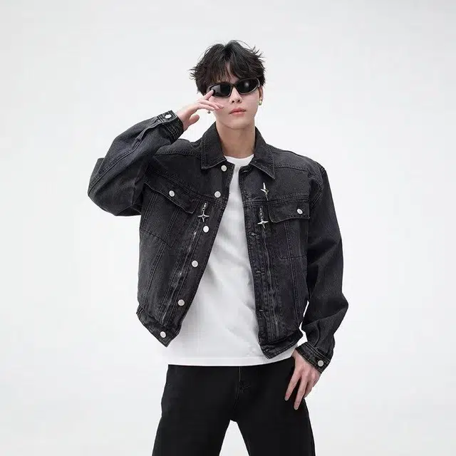 极限涡轮 美式复古水洗做旧翻领拼接撞色高级感牛仔外套 男女同款