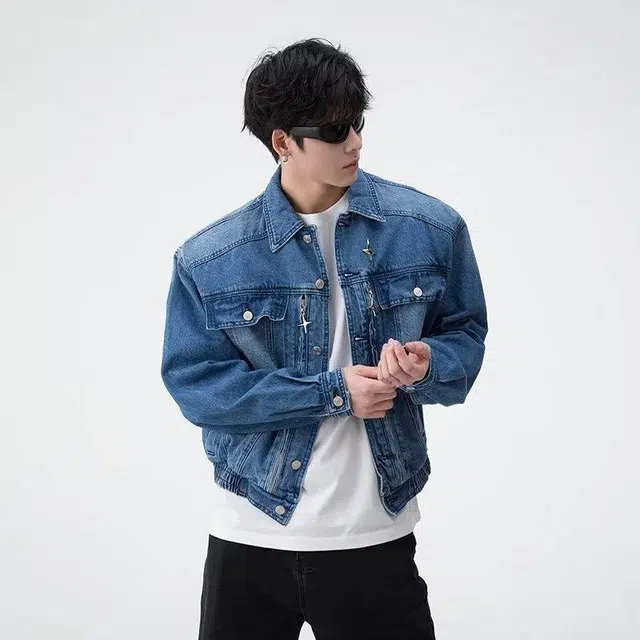 极限涡轮 美式复古水洗做旧翻领拼接撞色高级感牛仔外套 男女同款