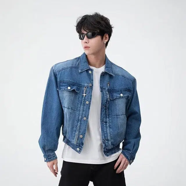 极限涡轮 美式复古水洗做旧翻领拼接撞色高级感牛仔外套 男女同款