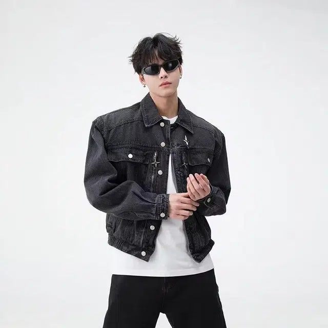 极限涡轮 美式复古水洗做旧翻领拼接撞色高级感牛仔外套 男女同款