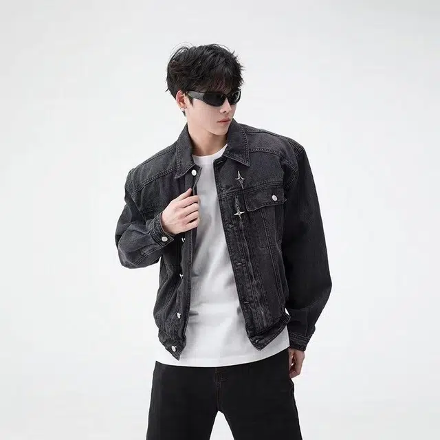 极限涡轮 美式复古水洗做旧翻领拼接撞色高级感牛仔外套 男女同款