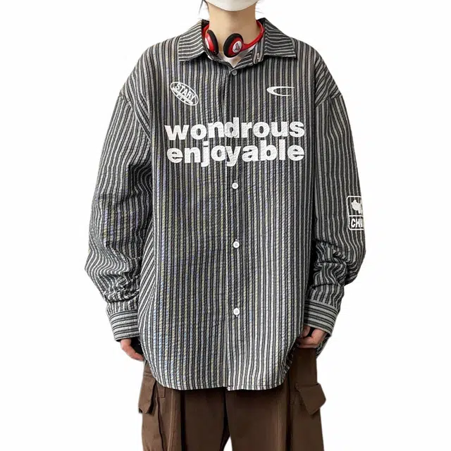 雅鹿 美式潮牌条纹个性字母无性别主义满印印花图案翻领设计百搭宽松休闲长袖夹克外套 男女同款