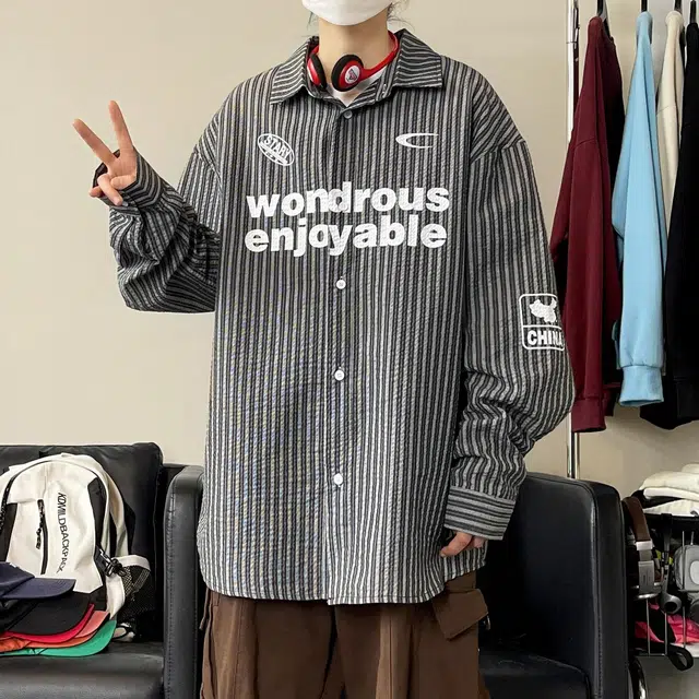 雅鹿 美式潮牌条纹个性字母无性别主义满印印花图案翻领设计百搭宽松休闲长袖夹克外套 男女同款