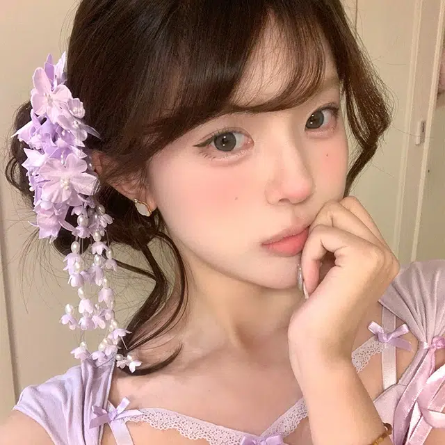芒果饰品 超仙紫色铃兰花流苏发饰 仿珍珠 布艺 发夹 女款