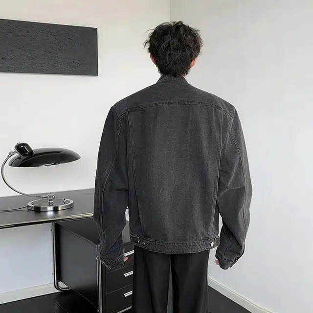 物质公式 重工结构美式复古纯色高街水洗做旧宽松休闲落肩百搭时尚潮流痞帅立领纽扣拉链设计牛仔外套 男女同款