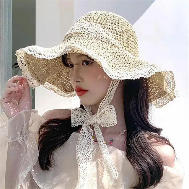 钓鱼熊 夏季沙滩帽蕾丝草帽女遮阳度假可折叠太阳帽花边春天大帽檐 草编（拉菲草） 防晒帽 女款
