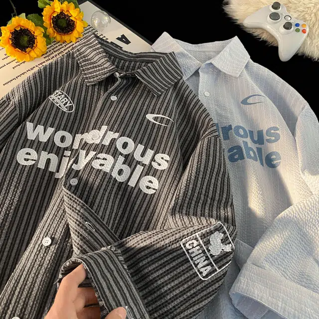 雅鹿 美式潮牌条纹个性字母无性别主义满印印花图案翻领设计百搭宽松休闲长袖夹克外套 男女同款