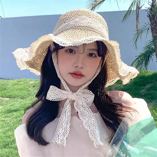钓鱼熊 夏季沙滩帽蕾丝草帽女遮阳度假可折叠太阳帽花边春天大帽檐 草编（拉菲草） 防晒帽 女款