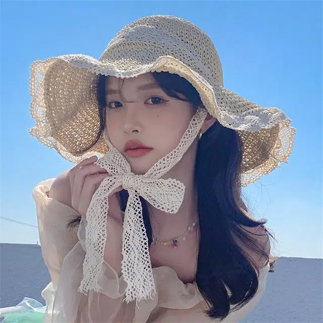 钓鱼熊 夏季沙滩帽蕾丝草帽女遮阳度假可折叠太阳帽花边春天大帽檐 草编（拉菲草） 防晒帽 女款