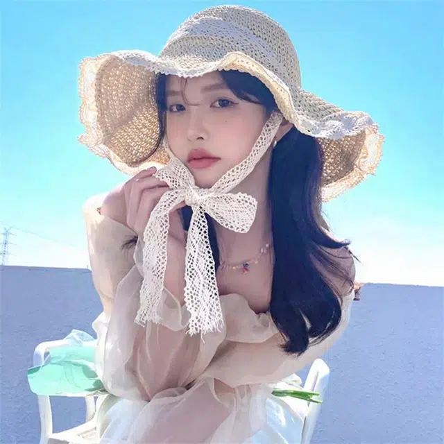 钓鱼熊 夏季沙滩帽蕾丝草帽女遮阳度假可折叠太阳帽花边春天大帽檐 草编（拉菲草） 防晒帽 女款