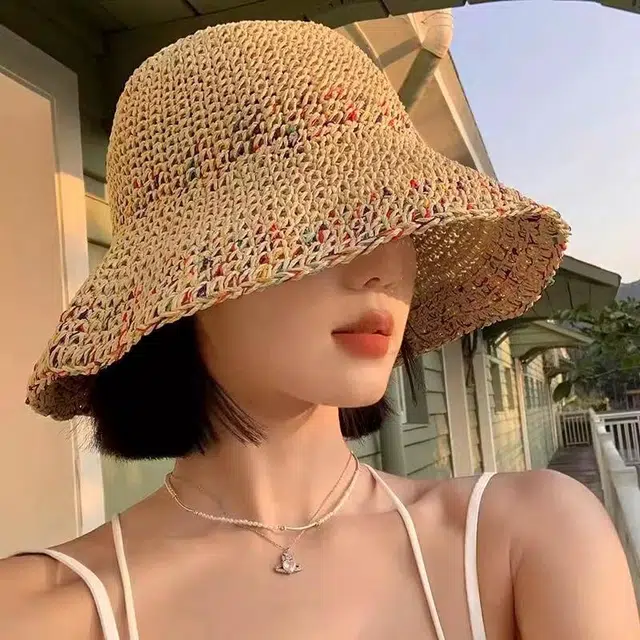 钓鱼熊 夏季镂空透气不闷热彩色度假风宽檐编织 草编 防晒帽 女款