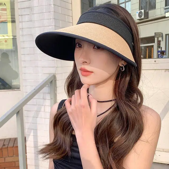 钓鱼熊 高品质加密细草编空顶帽子优雅大帽檐 天然草 防晒帽 女款