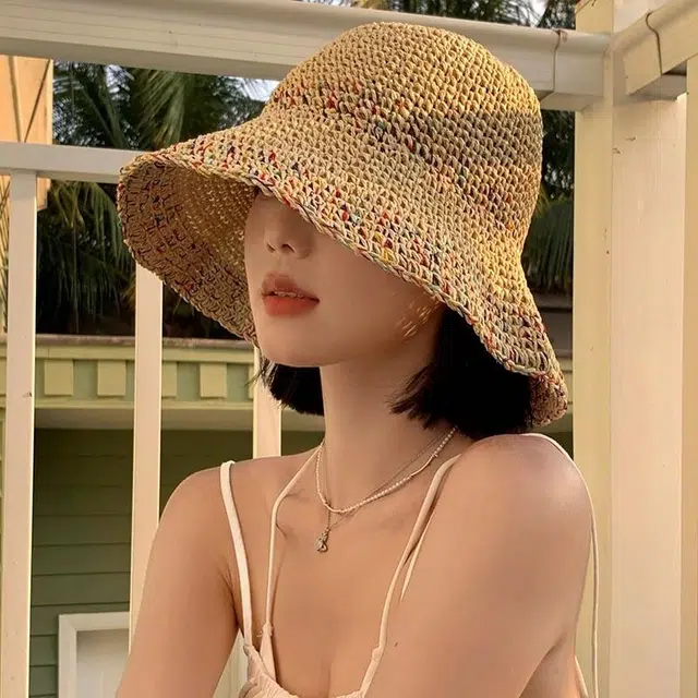 钓鱼熊 夏季镂空透气不闷热彩色度假风宽檐编织 草编 防晒帽 女款